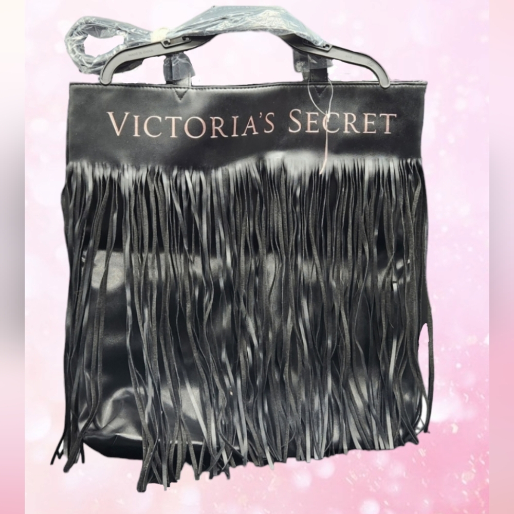 New w/ Tags Victoria's Secret Limited Edition Black Faux Leather Fringe Tote Bag